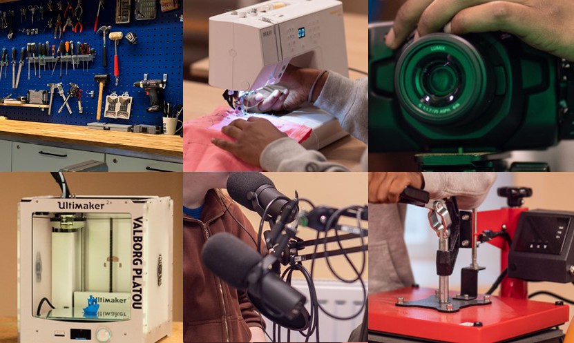 verktøy, symaskin, kamera, 3d printer, podcast og vinyltrykker