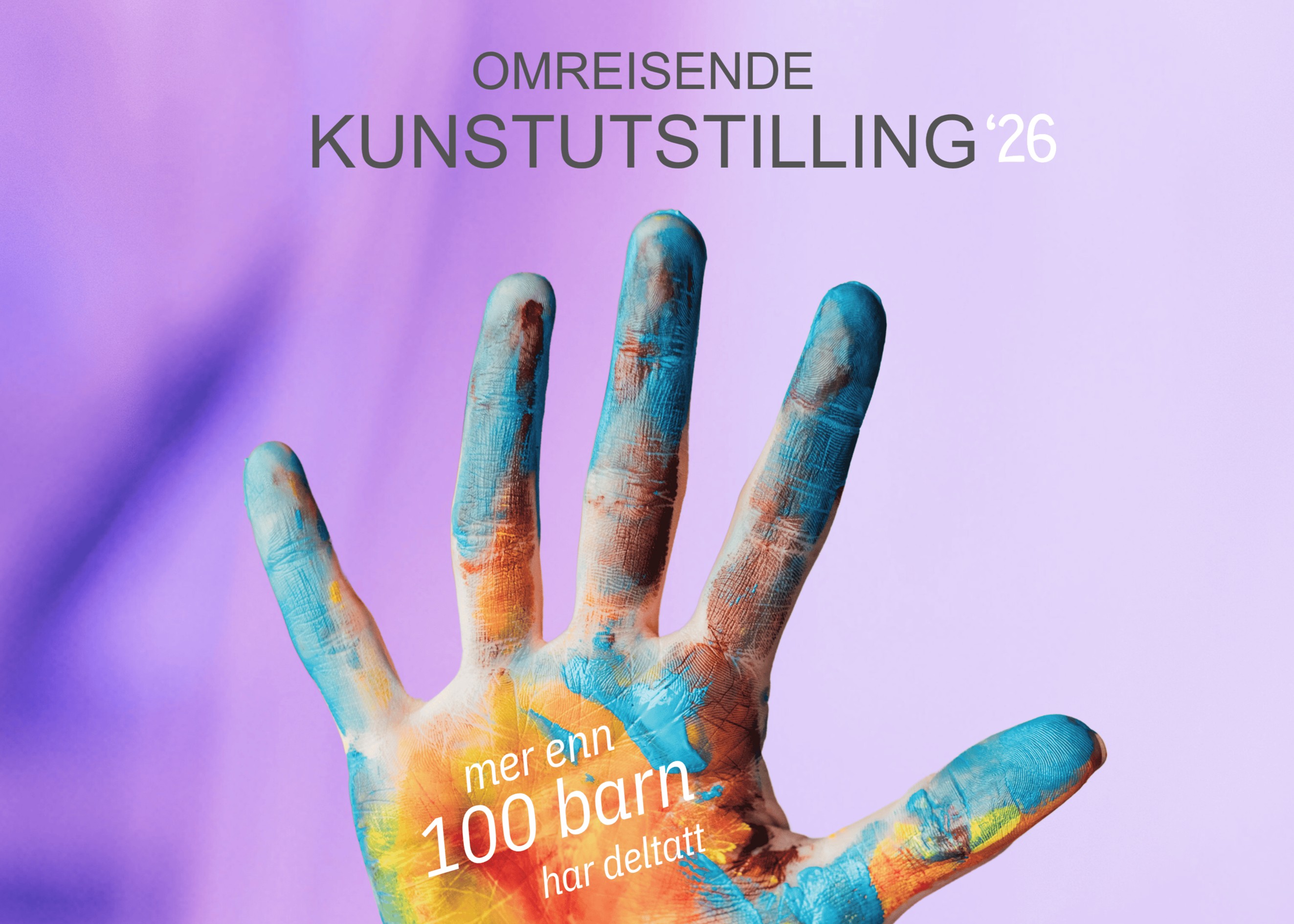 Bildet viser en hånd med maling på med teksten omreisende kunstutstilling