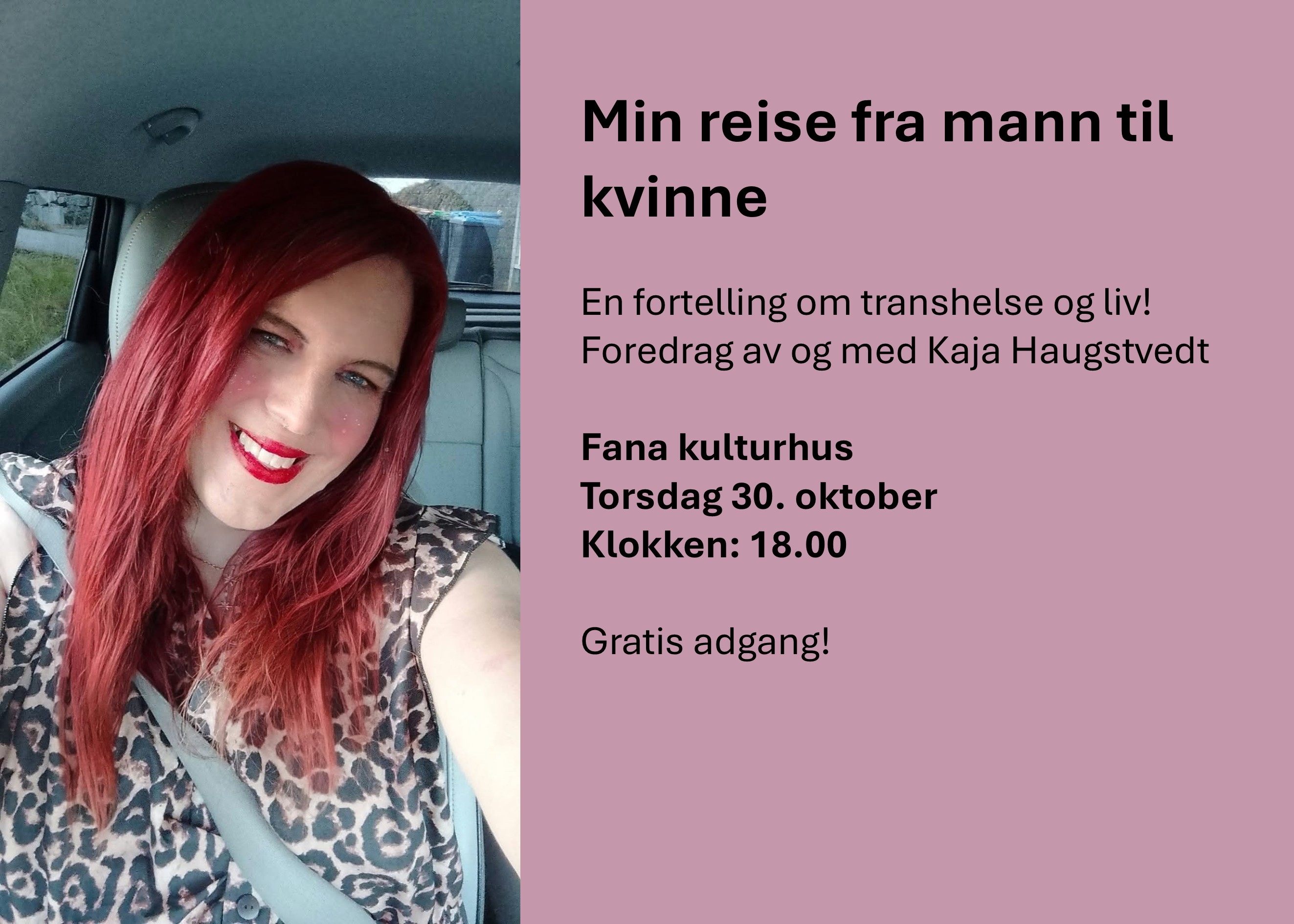 Bilde av kvinne og tekst om foredrag